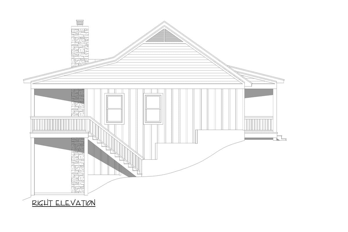 Right elevation floor plan of a house with a gabled roof, stone chimney, porch, and stairs.