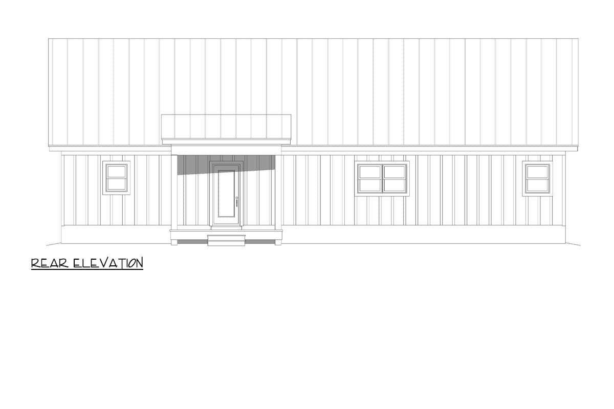 Rear elevation drawing of a house plan featuring a central door with porch and three windows.