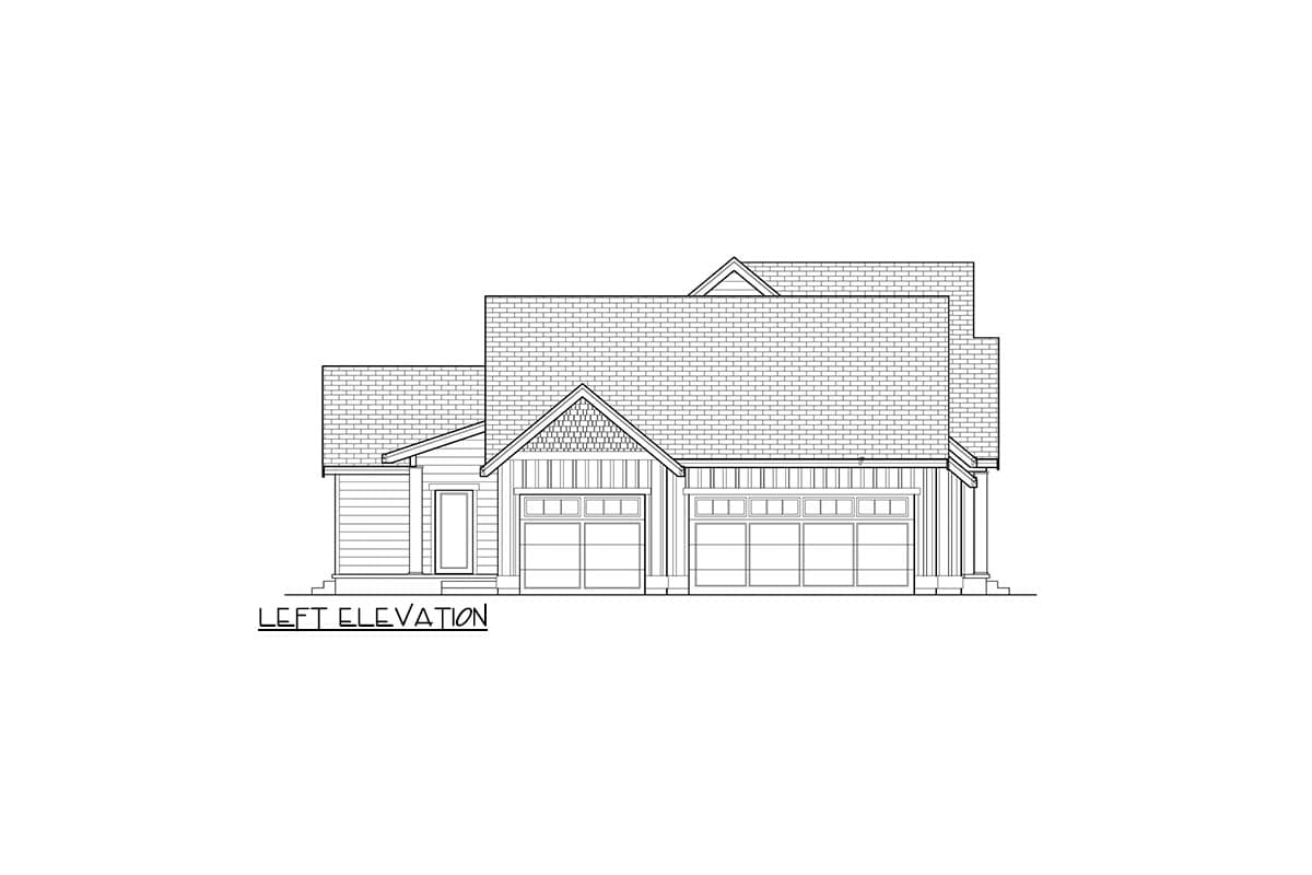 Left elevation house plan with gable over double garage and single garage, horizontal siding, and varied rooflines.