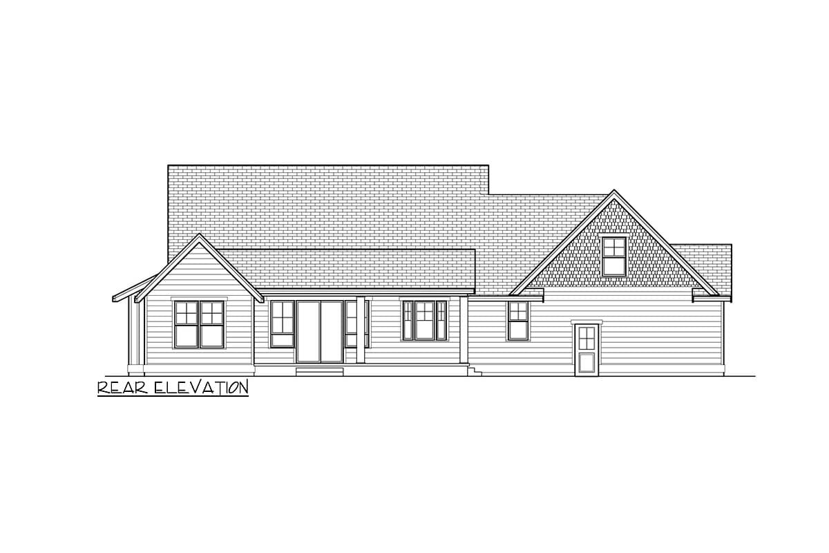 Rear elevation of a house plan featuring a covered porch, multiple gables, dormers, and a mix of siding and shingle textures.