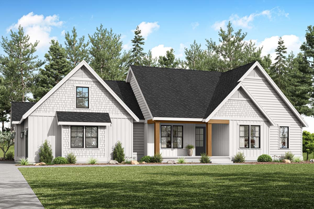 House plan exterior. Modern Farmhouse style with a single story, front porch, multiple gables, and vertical siding.