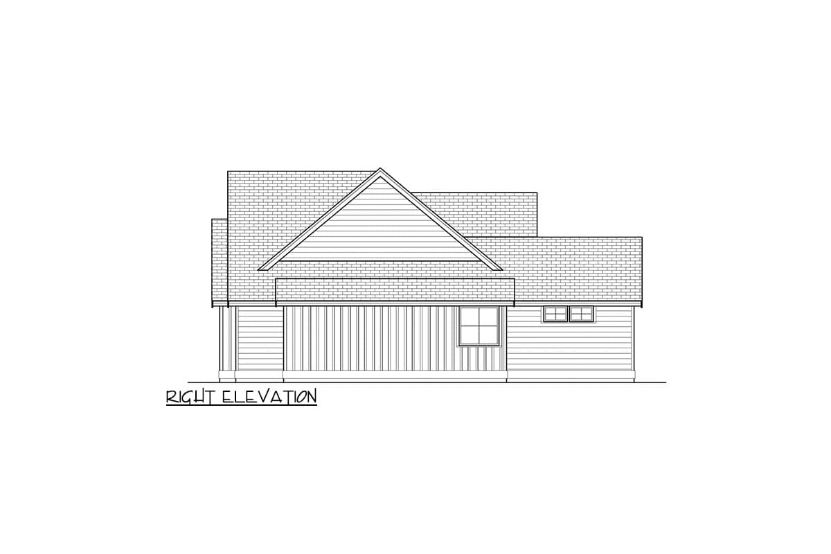 House plan right elevation drawing showing a gable roof, siding, and two windows.