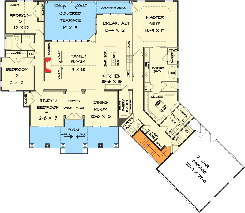 Plan 36031DK: Craftsman House Plan with Angled 2-Car Garage - Floor Plan - Basement Stair Location - Country, Craftsman, Mountain, Ranch, Rustic, Traditional
