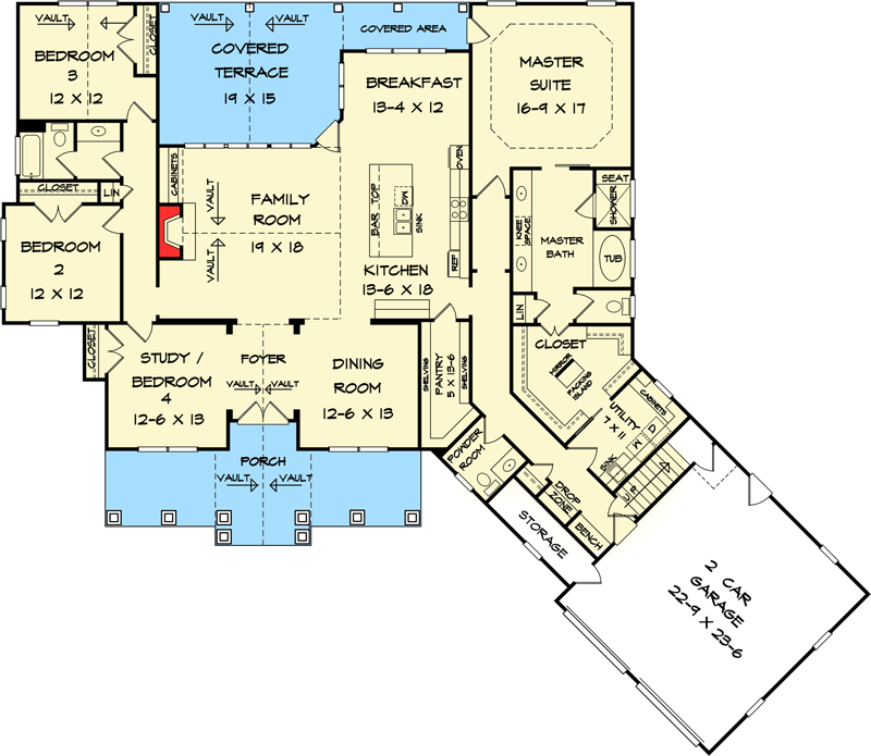 Plan 36031DK: Craftsman House Plan with Angled 2-Car Garage - Floor Plan - Main Level - Country, Craftsman, Mountain, Ranch, Rustic, Traditional