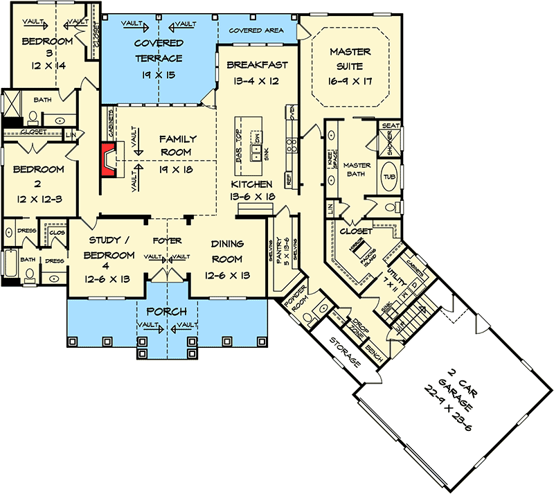 Plan 36032DK: Craftsman House Plan with Angled Garage - 2952 Sq Ft - Floor Plan - Main Level - Craftsman, Mountain
