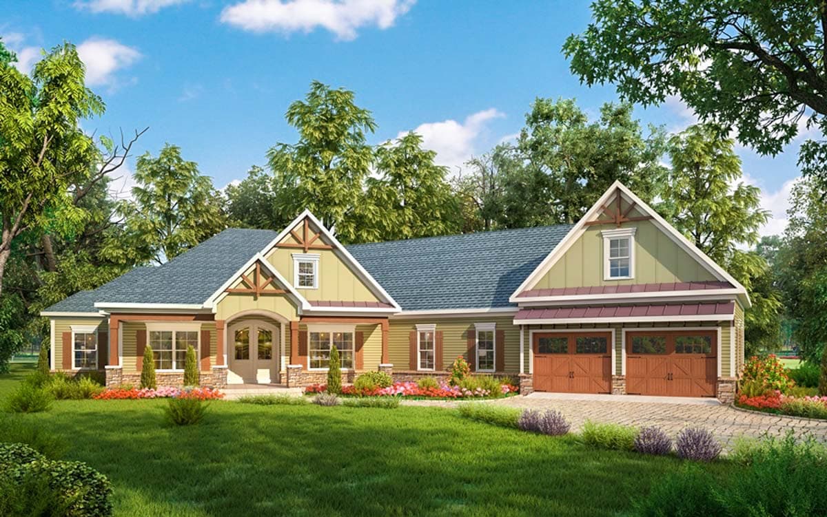 House plan exterior: Ranch style, single story, with gabled dormers, wide covered entrance, and a side-facing two-car garage.