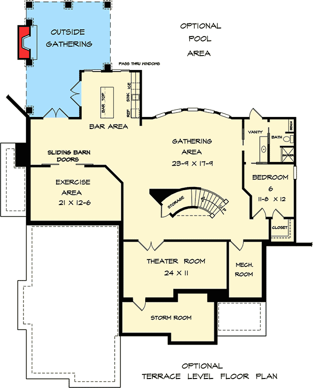 Plan 36033DK: Brick and Stone House Plan with 2-Story Family Room and a Home Office - Floor Plan - Lower Level - European, Traditional