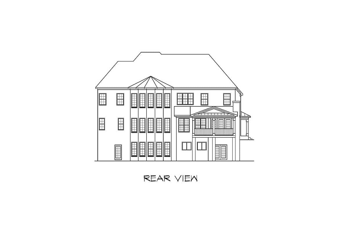 Rear elevation drawing of a two-story house with a hipped roof, dormers, and a covered balcony.