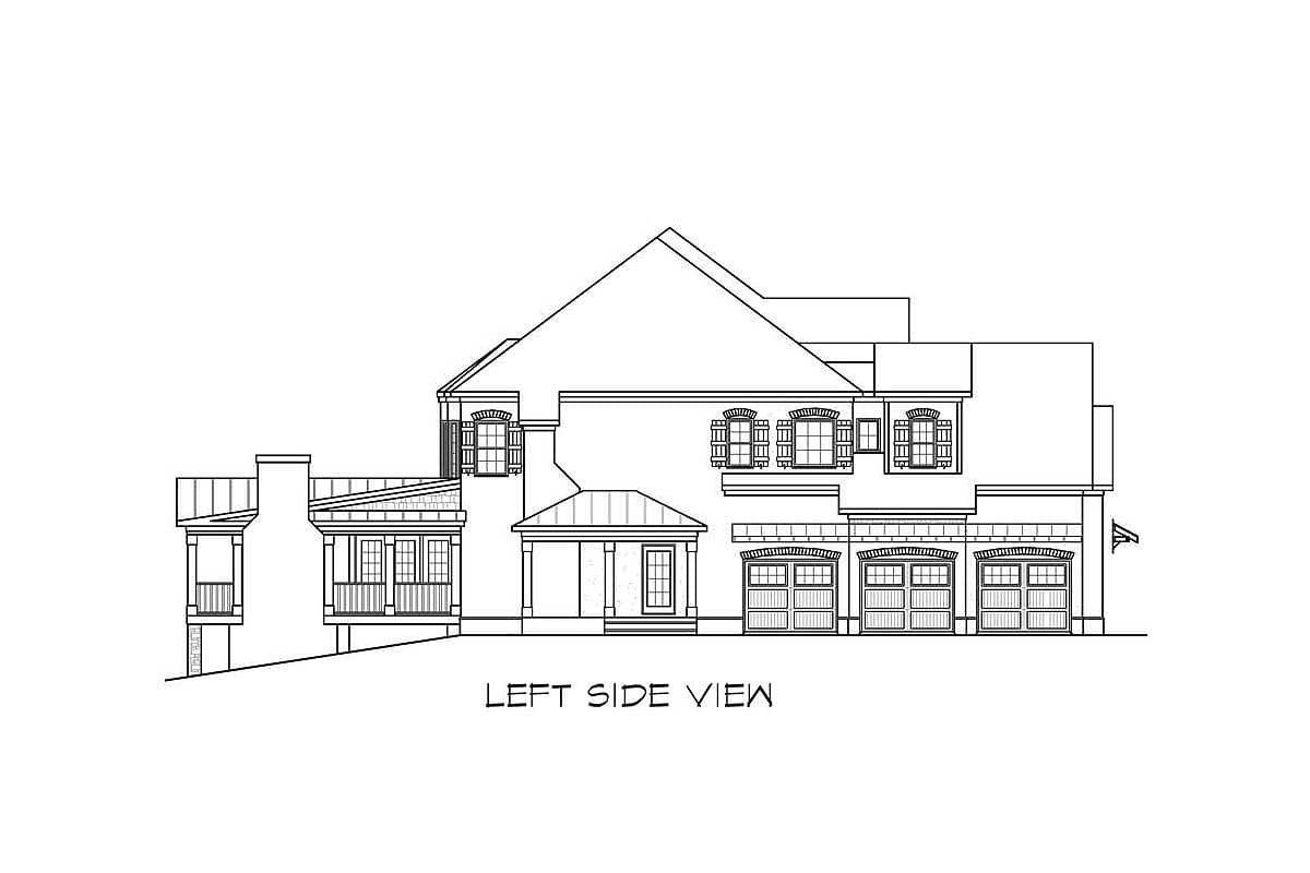 Left side elevation of a house plan, showing multiple stories, gables, dormers, a covered entry, and a five-car garage.