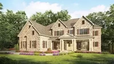 Brick and Stone House Plan with 2-Story Family Room and a Home Office