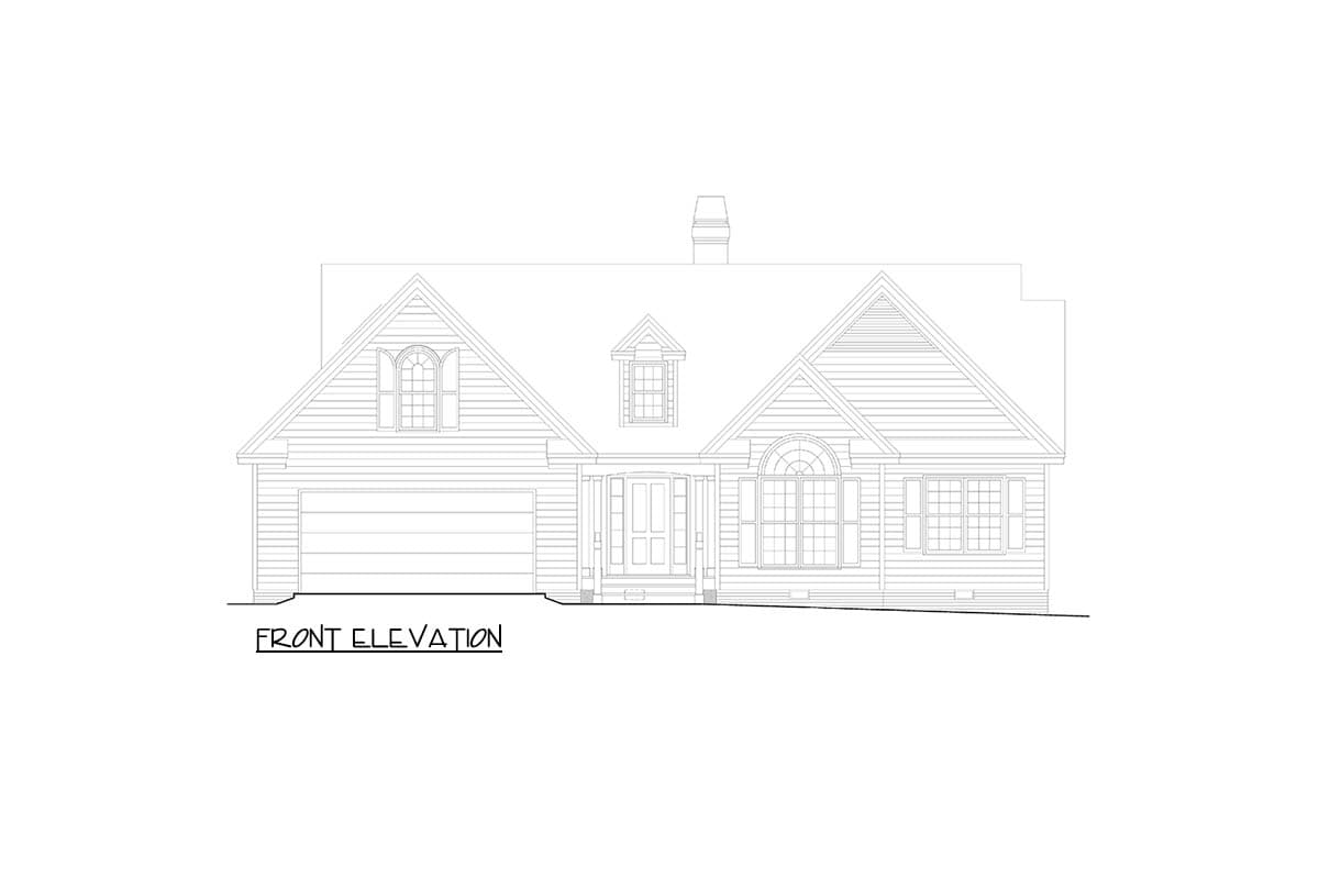 Front elevation drawing of a house with a garage, gabled dormer, central entryway, and varied window styles.
