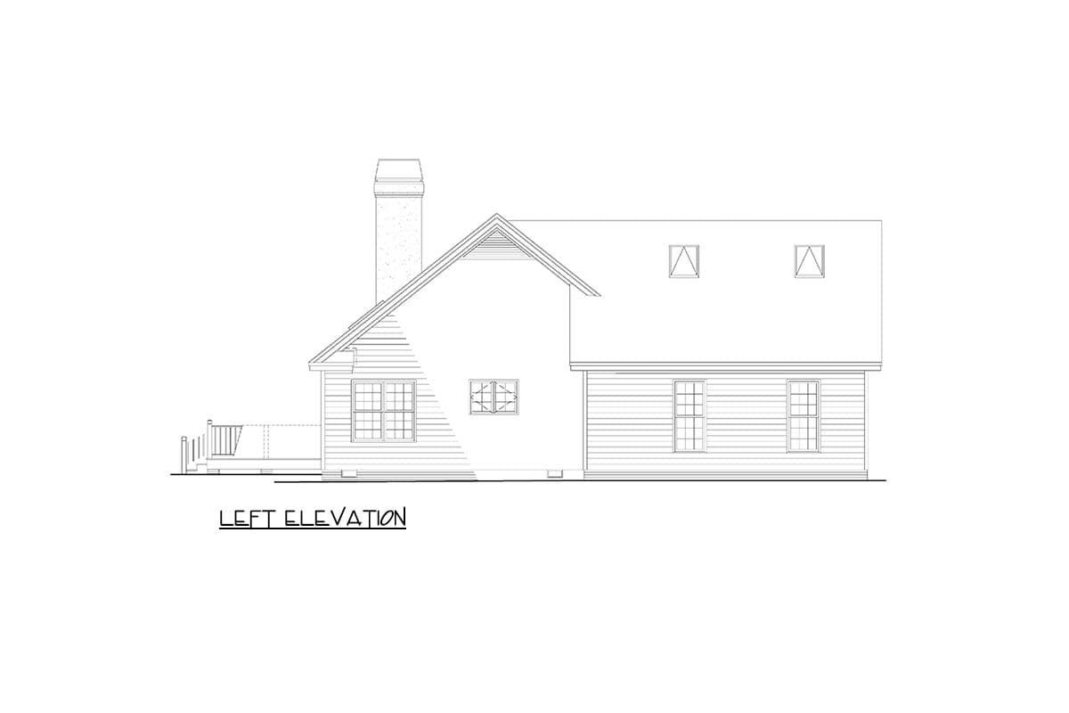 Left elevation of a house plan showing a chimney, gabled roof, dormers, and a deck.