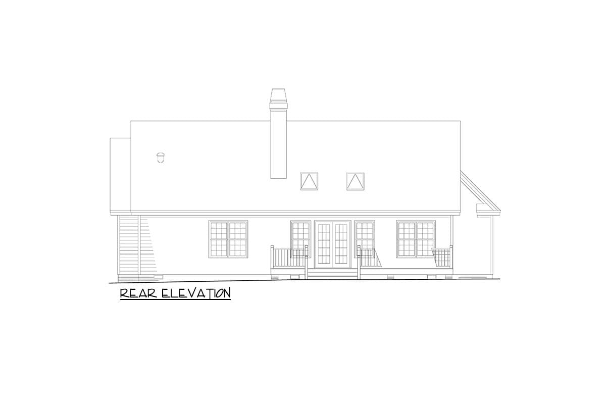 Rear elevation drawing of a house plan, showing a central pair of French doors flanked by windows, a chimney, and gabled dormers.