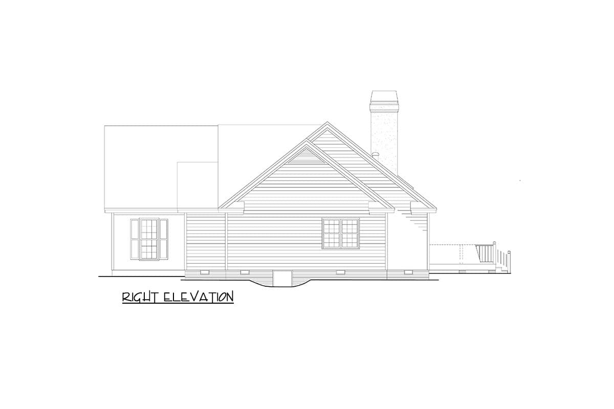 Right elevation house plan drawing showing siding, windows, gabled roof, chimney, and deck.