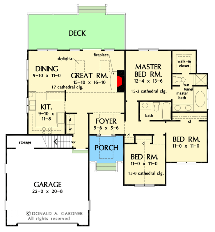 Plan 444416GDN: Traditional House Plan with Clerestory Dormer in Foyer - 1386 Sq Ft - Floor Plan - Main Level - Southern, Traditional