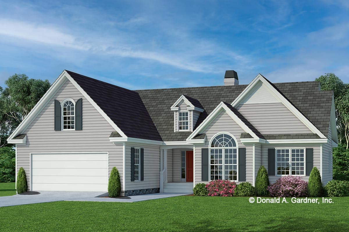 House plan exterior with two stories, gabled roof, dormer, and arched window. Features a front-facing garage and a small porch with columns.