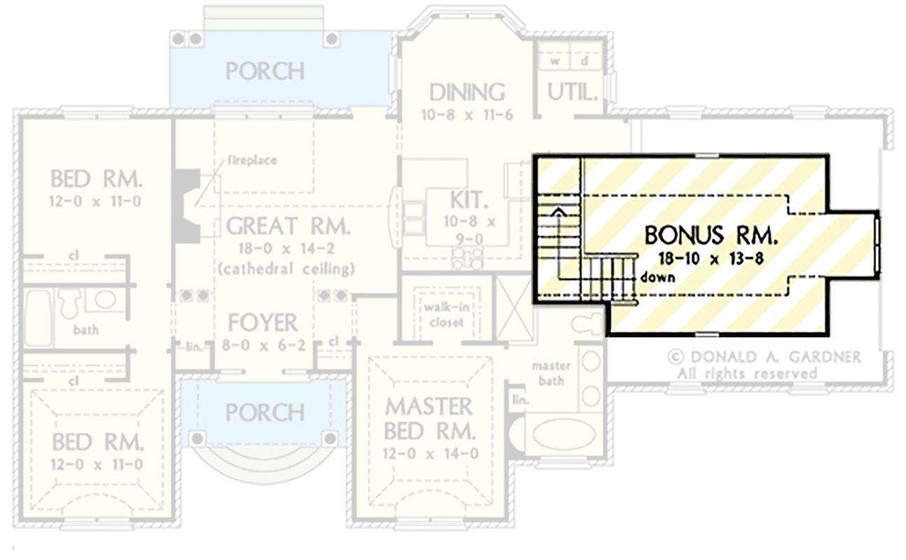 Plan 444417GDN: 3-Bed Southern House Plan with Bonus Room - 1488 Sq Ft - Floor Plan - 2nd Floor - Southern, Traditional