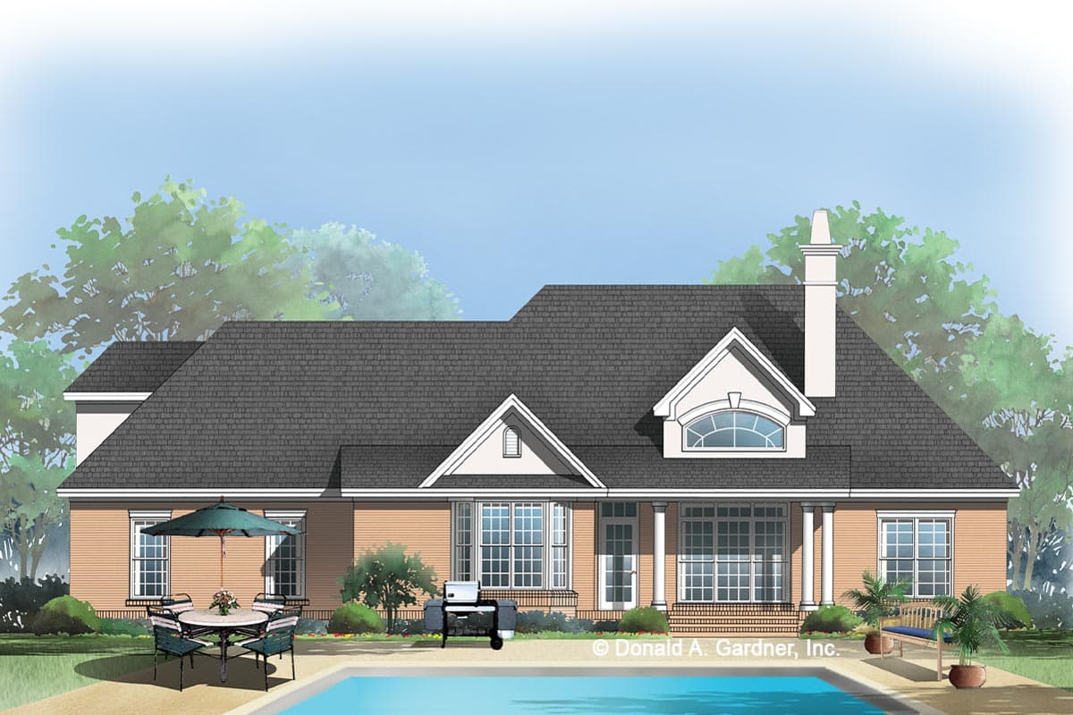 House plan exterior: one-story home with hip roof, gables, dormer window, large windows, and chimney.