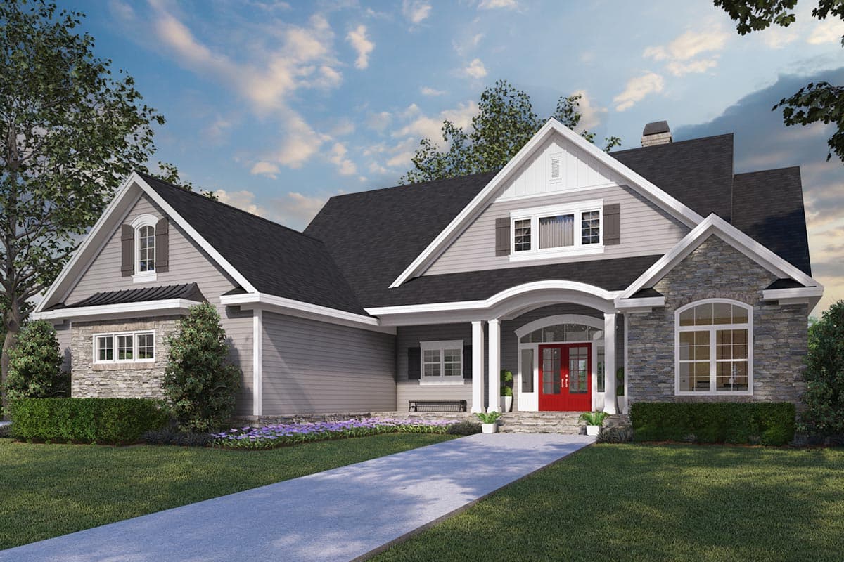 House plan exterior. Two-story, Craftsman-style home with gables, stone accents, and a covered front porch with columns.