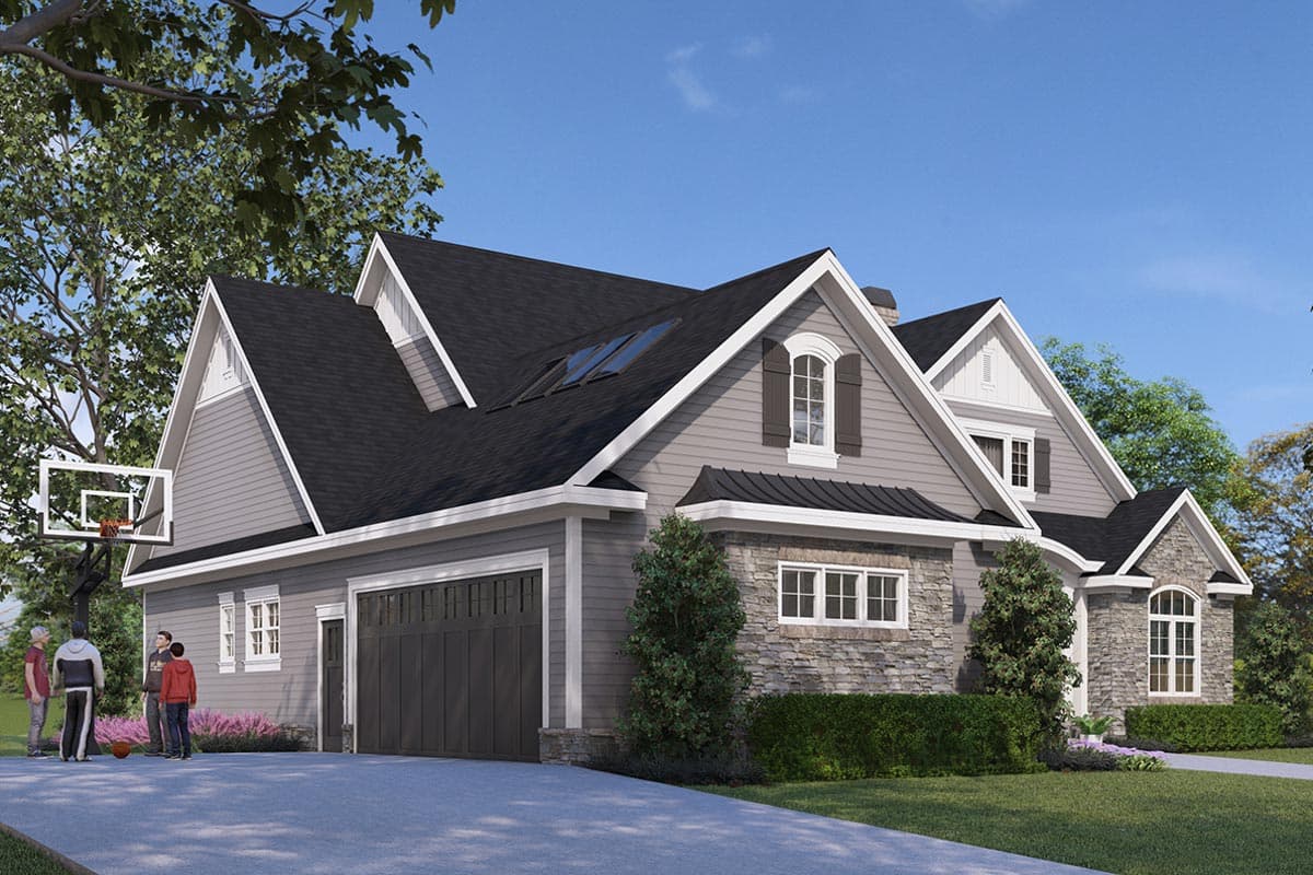 House plan exterior showing a multi-story dwelling with a dark garage door, stone accents, gables, and dormer windows.