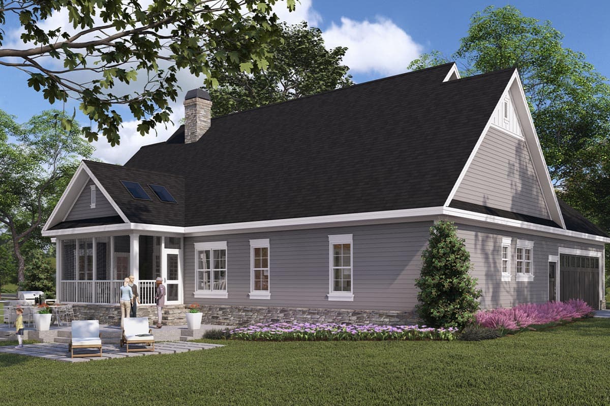 House plan exterior: Two-story Modern Farmhouse with gabled dormers, stone foundation, screened porch, and attached garage.