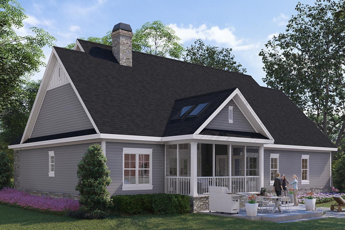 Exterior view of a modern farmhouse style house plan with a stone chimney, gables, dormers, and a screened porch.