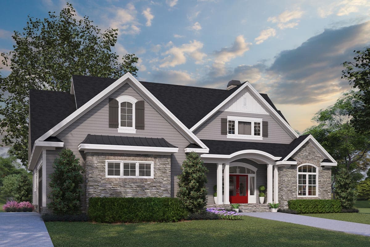House plan exterior with stone accents, arched dormers, gabled rooflines, and a covered arched entryway with red doors.