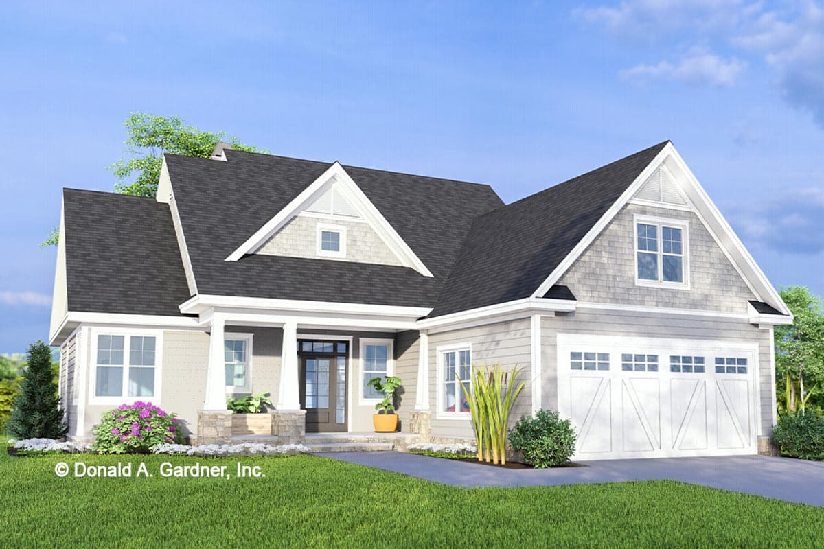 House plan exterior: One-story Modern Farmhouse with a covered front porch, prominent gables, and a two-car garage.