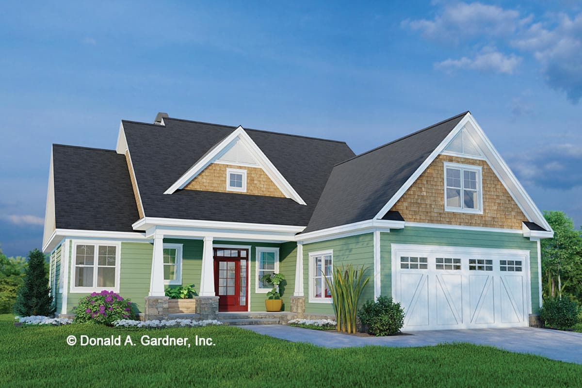 House plan exterior of a one-story home with a covered front porch, gabled dormers, and a two-car garage.