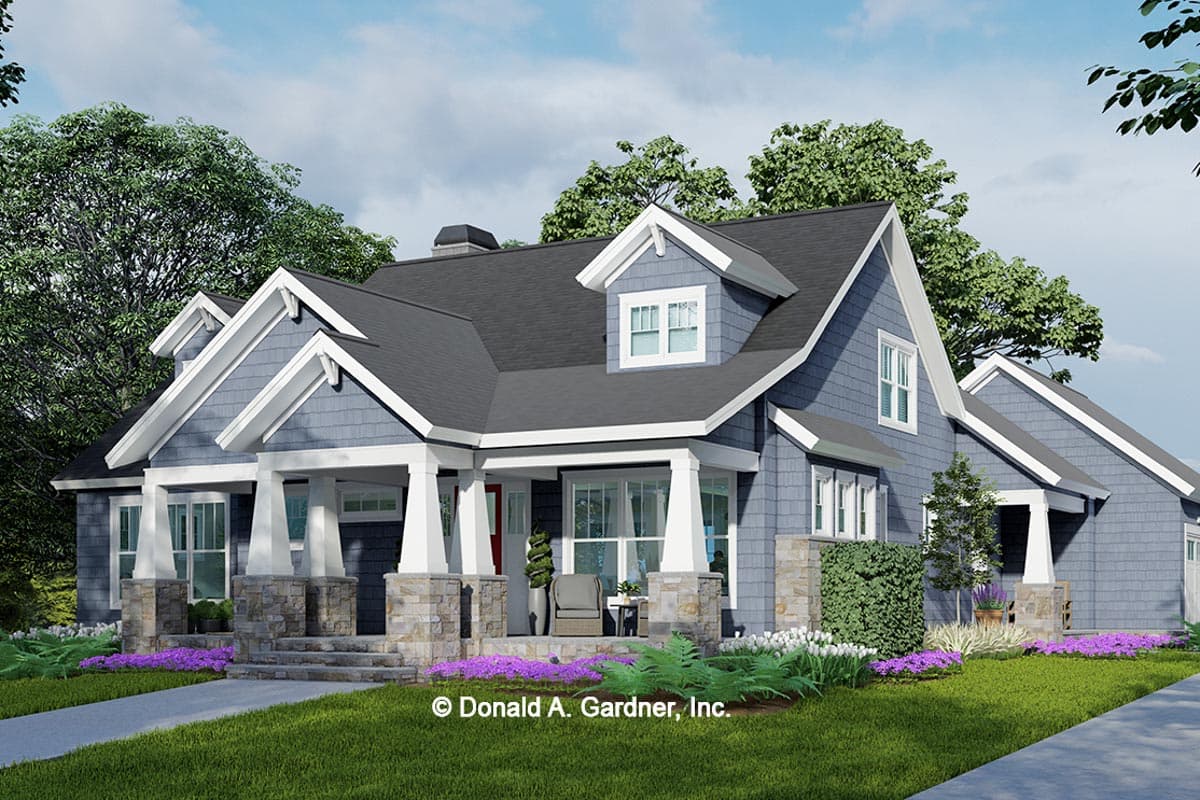 Craftsman style house plan exterior with prominent gables, a covered front porch with stone columns, and shingle siding.