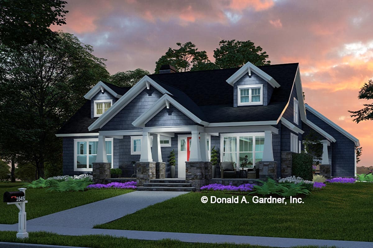 House plan exterior: Craftsman style, one-story, with a covered front porch, stone-clad columns, and multiple gables.