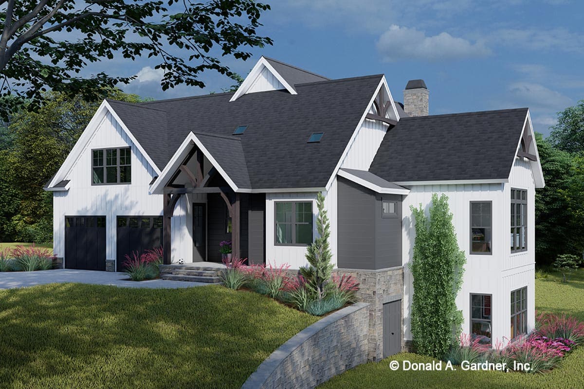 Modern Farmhouse house plan exterior with double garage, gabled dormers, stone foundation, and timber porch accents.