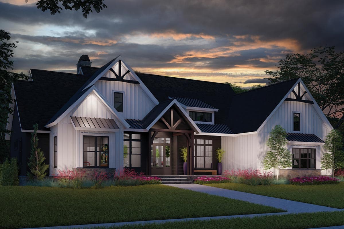 House plan exterior: Modern Farmhouse style, white board-and-batten siding, dark gable accents, prominent covered entryway, and metal roof dormers.
