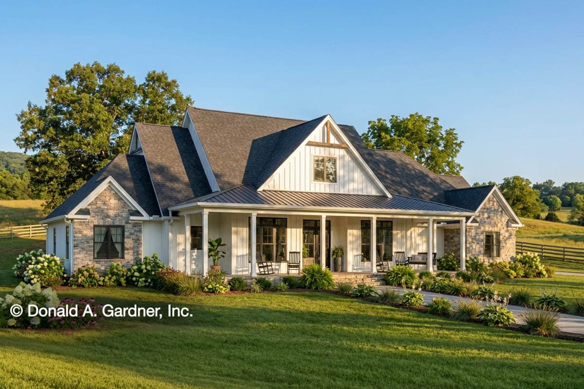 Plan 444425GDN: One-Story Modern Farmhouse with Upstairs Expansion - 3198 Sq Ft  - Image #1 - Country, Farmhouse, Modern Farmhouse