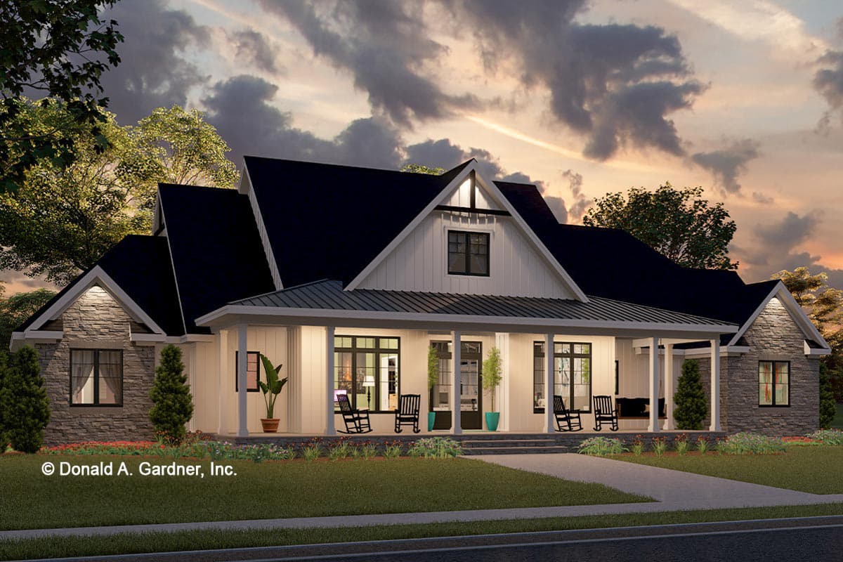 House plan exterior featuring a Farmhouse style with a front porch, gables, and a dark roof. Stone accents and multiple windows are also visible.