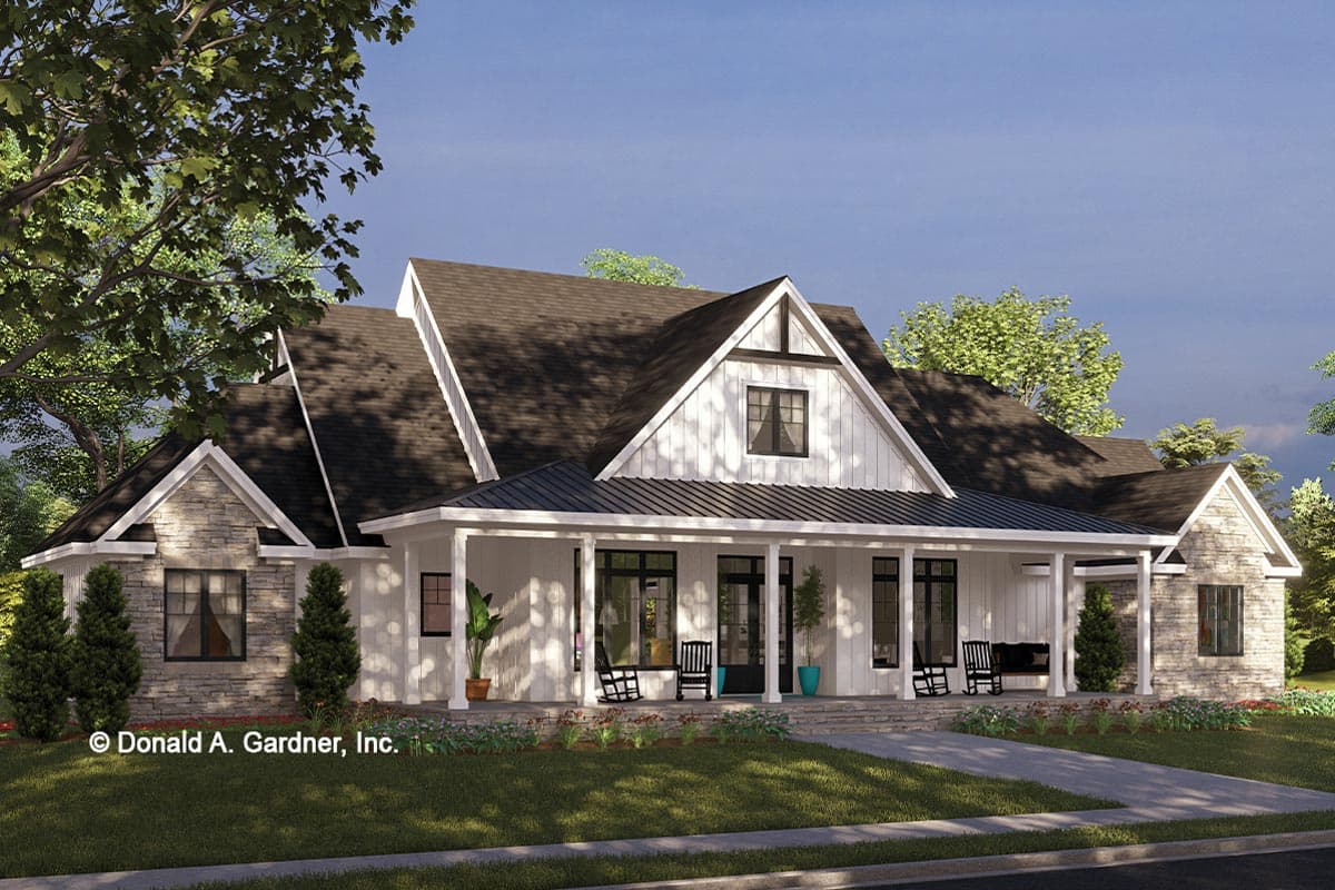 Modern Farmhouse house plan exterior with a wraparound porch, stone accents, and prominent gables.