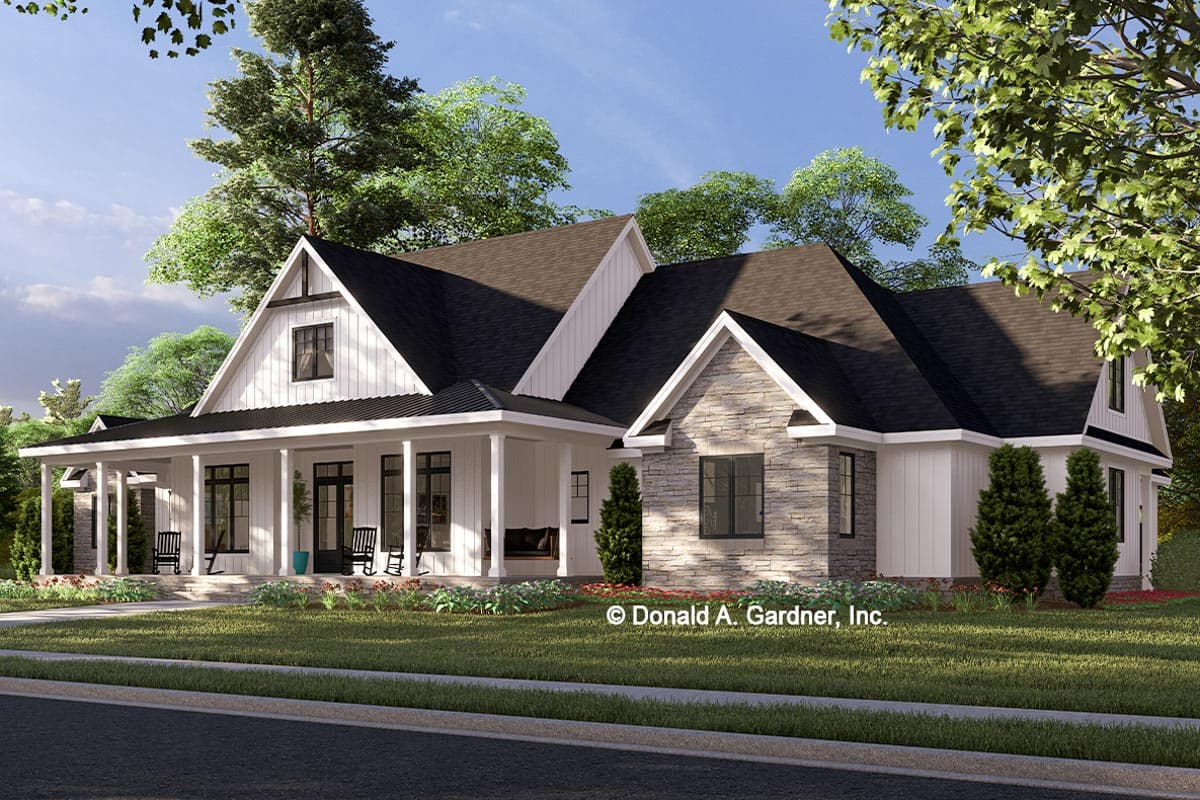 House plan exterior: Modern Farmhouse style with wrap-around porch, stone accents, and multiple gables.