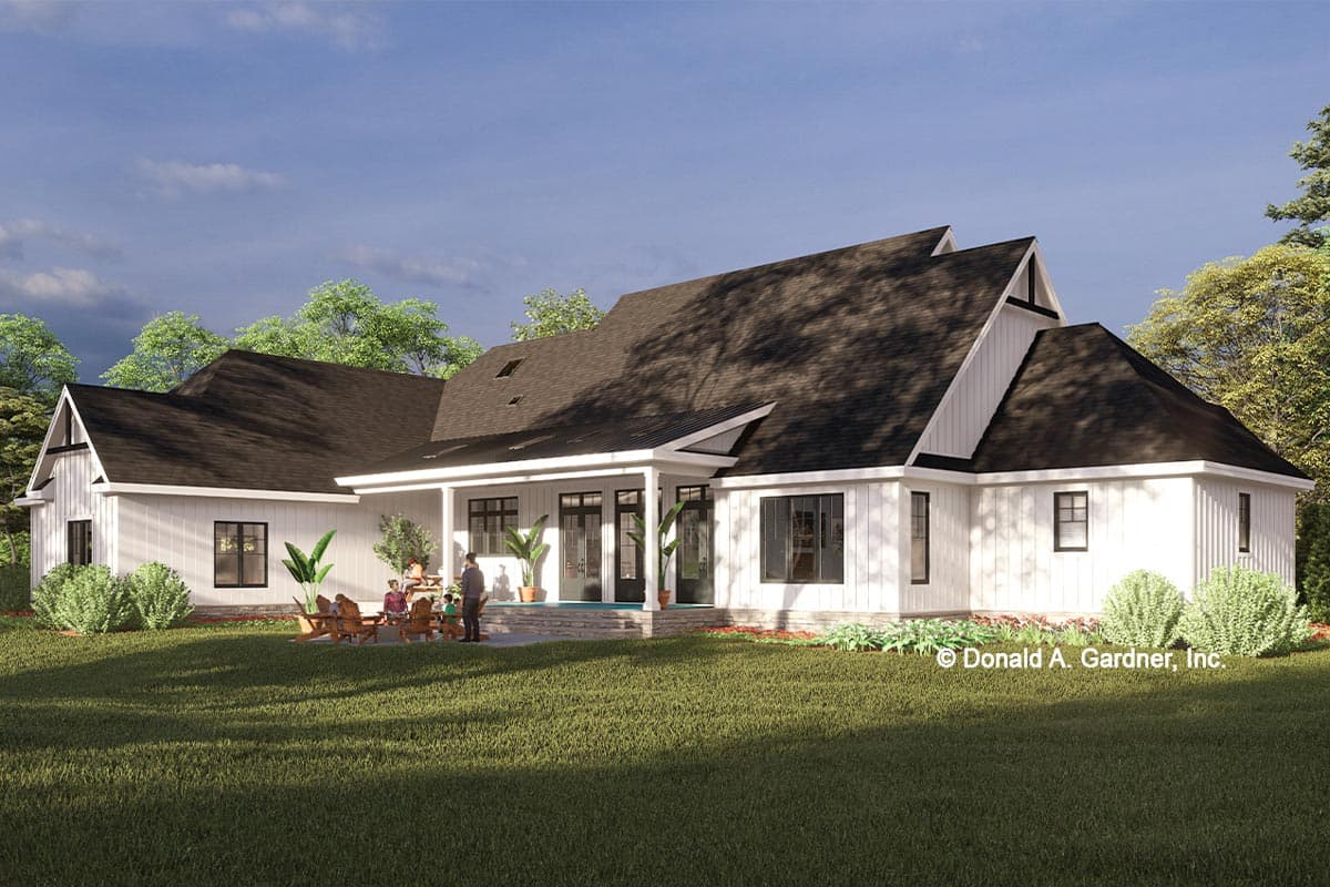 Modern Farmhouse house plan exterior with covered porch, gabled dormers, and multiple rooflines.