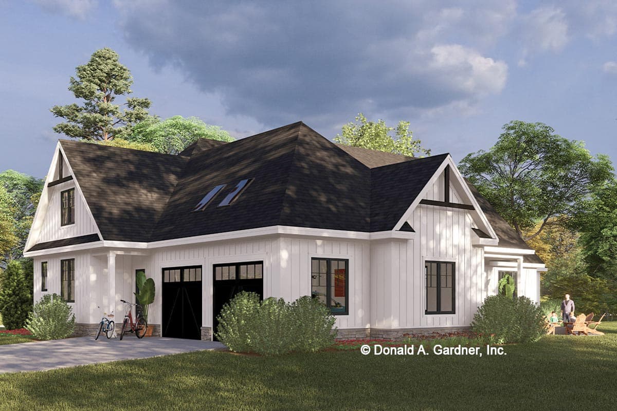 Modern Farmhouse house plan exterior with white board-and-batten siding, dark trim, multiple gables, dormer windows, and a three-car garage.