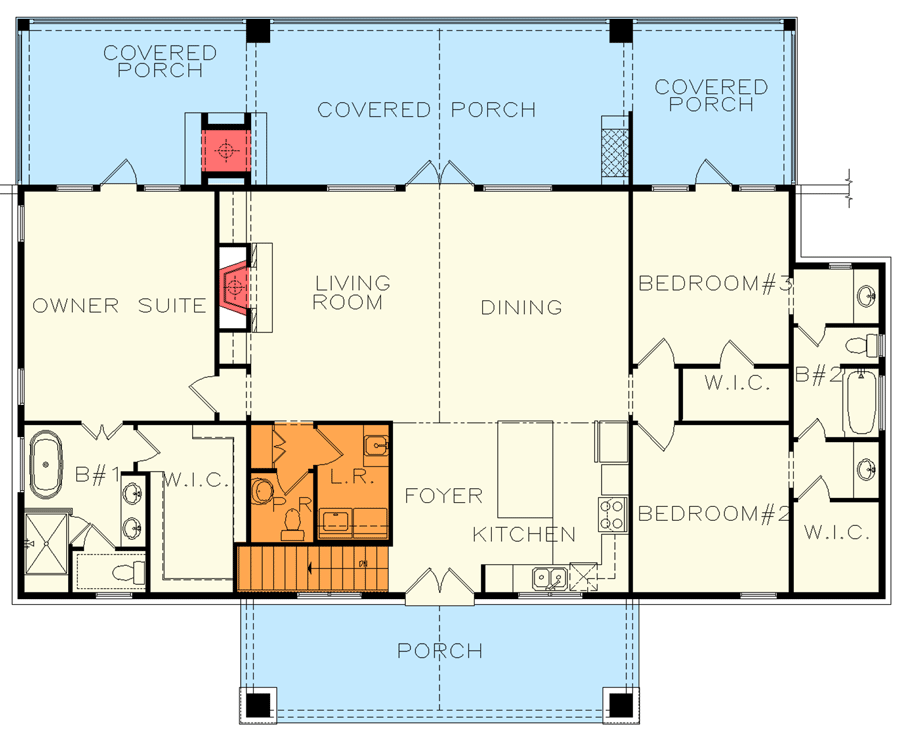 Plan 12330JL: 3 Bed Mountain House Plan with Covered Vaulted Front Porch - 1849 Sq Ft - Floor Plan - Main Level - Basement Stair Location - Country, Craftsman, Mountain, Rustic