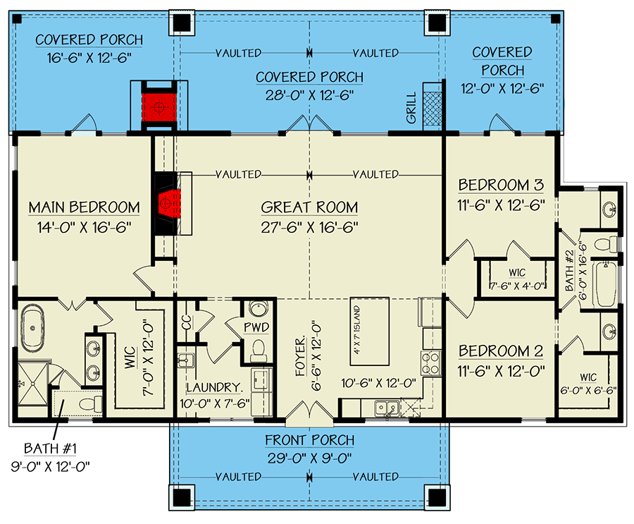 Plan 12330JL: 3 Bed Mountain House Plan with Covered Vaulted Front Porch - 1849 Sq Ft - Floor Plan - Main Level - Country, Craftsman, Mountain, Rustic