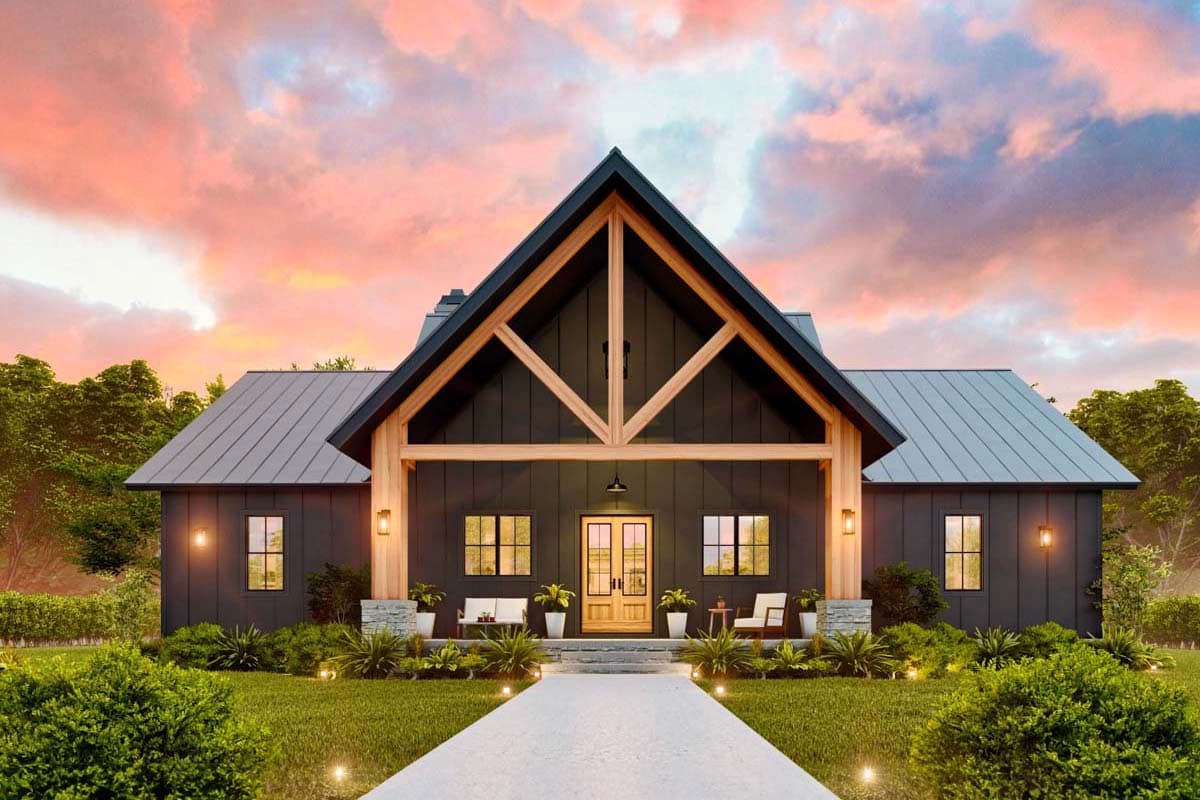 Modern Farmhouse house plan exterior with a prominent gable, exposed wood beams, metal roof, and covered entry with double doors.