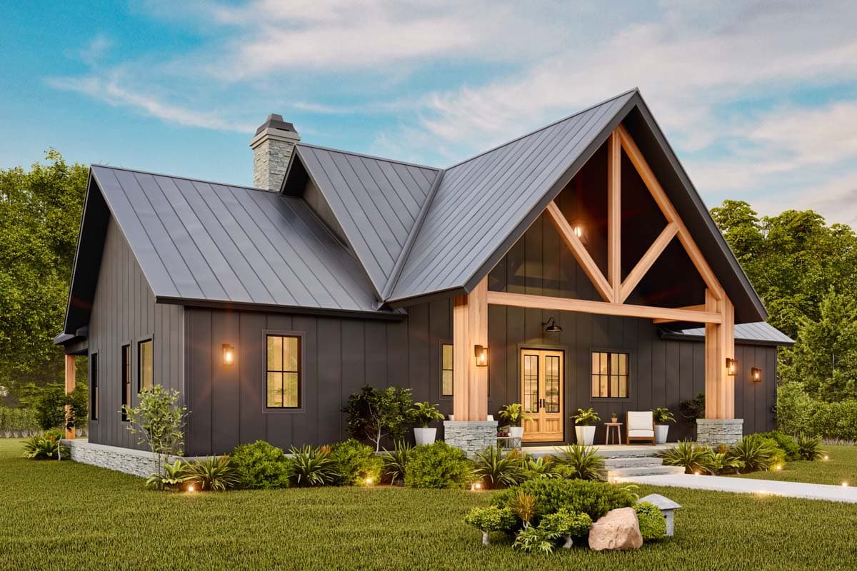 Modern Farmhouse house plan exterior with metal roof, stone chimney, exposed wood beams, and covered entry.