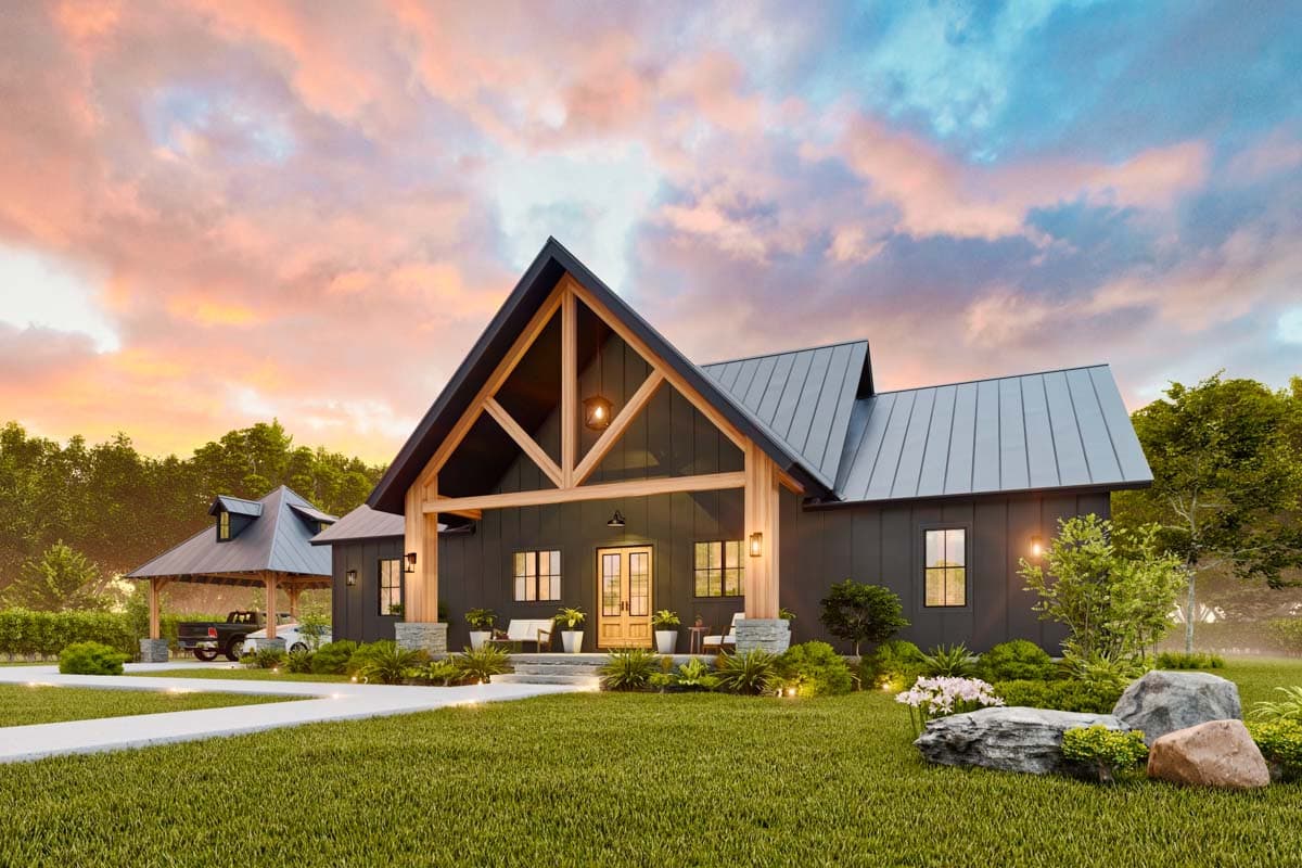 House plan exterior. Modern farmhouse style with gabled roof, timber-framed entry porch, and attached carport. One-story home with dark siding.