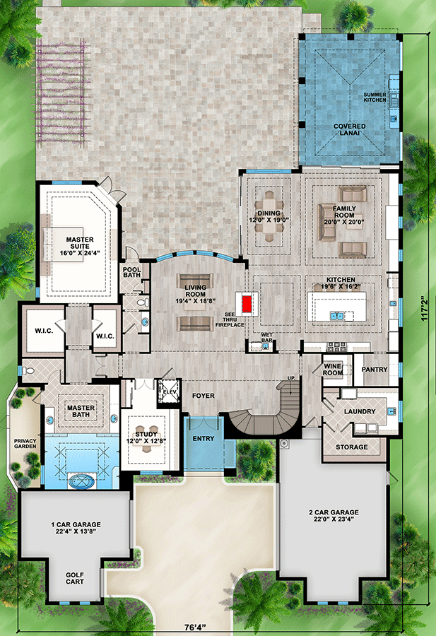 Plan 86144BW: Coastal Contemporary House Plan with 6 Bedrooms and Outdoor Kitchen - 6011 Sq Ft - Floor Plan - Main Level - Coastal Contemporary, European, Mediterranean, Transitional