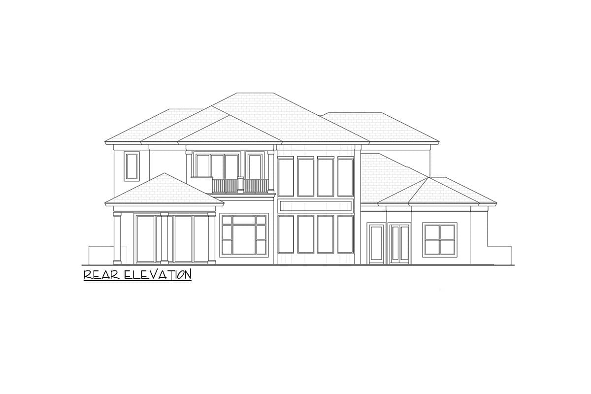 Rear elevation drawing of a two-story house plan with a covered porch, balcony, and multiple window arrangements.