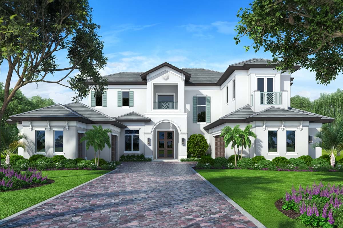 House plan exterior. Two-story Mediterranean style with a portico entry, balcony, multiple gables, and a tile roof.