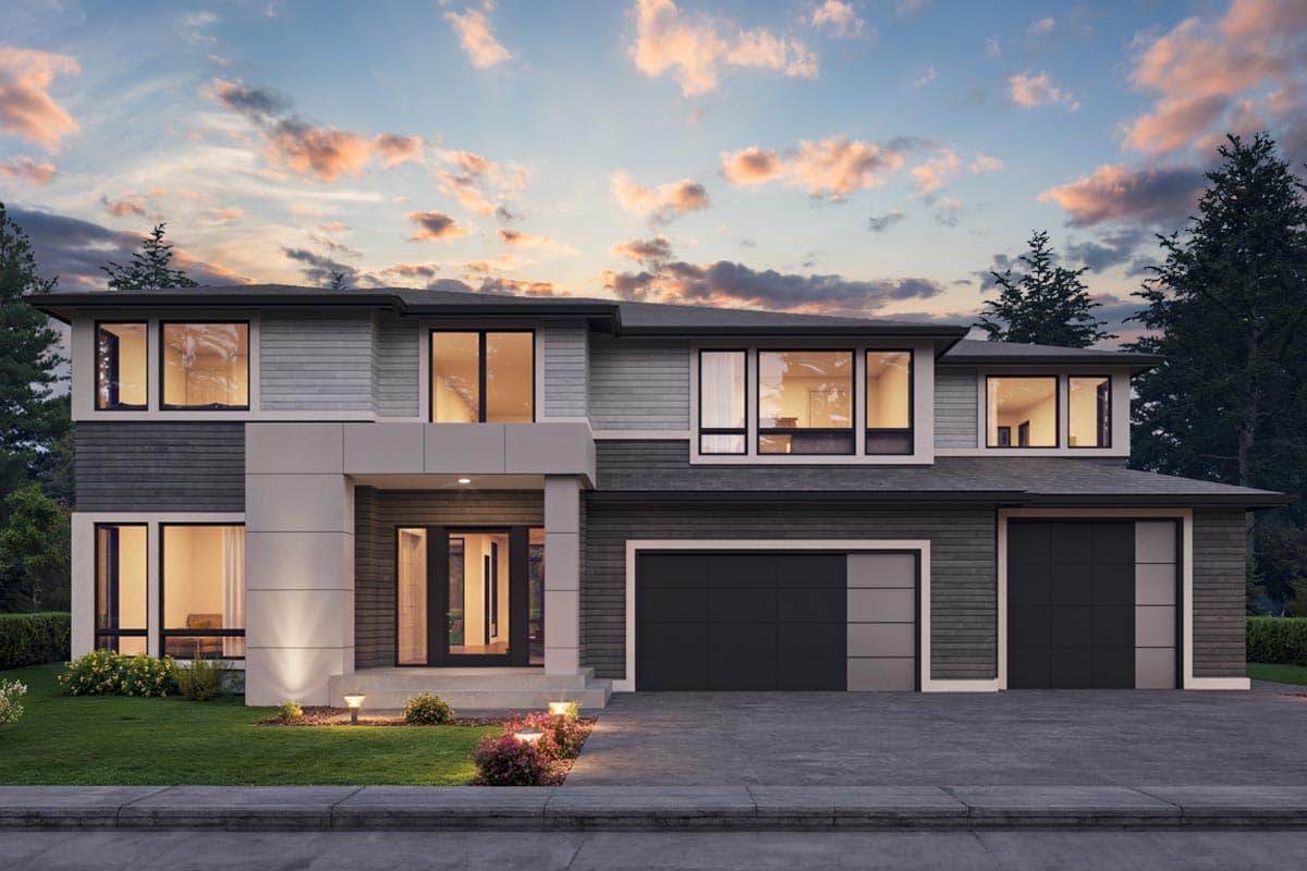 House plan exterior. Two-story modern style with horizontal siding, flat roof, two-car garage, and recessed entry with pillars.