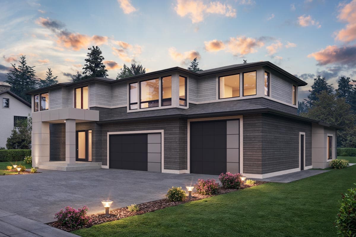 Modern two-story house plan exterior with a gray horizontal siding, stacked gables, and a three-car garage.