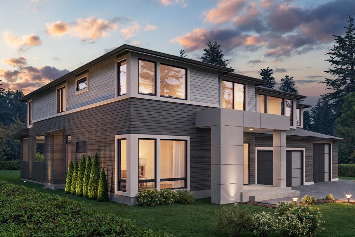Modern two-story house plan exterior with layered horizontal siding, large windows, cantilevered elements, and a two-car garage.
